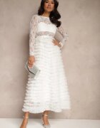 elsa.m by may Rochie Albă Din Dantelă Maxi cu Croială Cloș și Volane din Tul Sivina