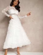 elsa.m by may Rochie Albă Din Dantelă Maxi cu Croială Cloș și Volane din Tul Sivina
