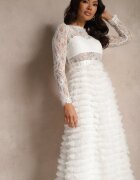 elsa.m by may Rochie Albă Din Dantelă Maxi cu Croială Cloș și Volane din Tul Sivina