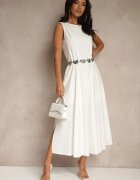 elsa.m by may Rochie Albă Evazată cu Viscoză și Bumbac și cu crăpătură pe picior Saravisse