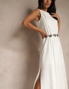 elsa.m by may Rochie Albă Evazată cu Viscoză și Bumbac și cu crăpătură pe picior Saravisse