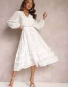 elsa.m by may Rochie Albă Evazată Midi cu Broderie Ajurată Celira