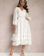 elsa.m by may Rochie Albă Evazată Midi cu Broderie Ajurată Celira