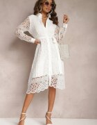 elsa.m by may Rochie Albă Evazată Midi Decorată cu Dantelă cu Curea în Talie Sailla