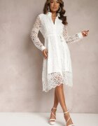 elsa.m by may Rochie Albă Evazată Midi Decorată cu Dantelă cu Curea în Talie Sailla