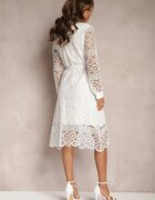 elsa.m by may Rochie Albă Evazată Midi Decorată cu Dantelă cu Curea în Talie Sailla