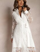 elsa.m by may Rochie Albă Evazată Midi Decorată cu Dantelă cu Curea în Talie Sailla