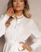 elsa.m by may Rochie Albă Midi cu Inserții Ajurate și Cordon Legat Hudo