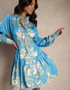 elsa.m by may Rochie Albastră cu flori cu croială tip cămașă cu curea Alanisia
