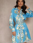 elsa.m by may Rochie Albastră cu flori cu croială tip cămașă cu curea Alanisia