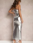 elsa.m by may Rochie Argintie Cambrată Maxi din Imitație de Piele Fără Bretele Vertena