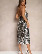 elsa.m by may Rochie Argintie cu paiete cu croială asimetrică cu legătură decorativă la spate Leriseli