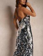 elsa.m by may Rochie Argintie cu paiete cu croială asimetrică cu legătură decorativă la spate Leriseli