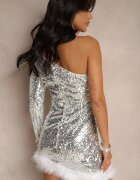 elsa.m by may Rochie Argintie Mulată cu croială asimetrică decorată cu paiete și pene Senarilla