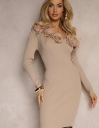 elsa.m by may Rochie Asimetrică Bej Reiată cu Vâscoză Decorată cu Pene și Flori 3D Neldari