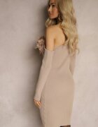 elsa.m by may Rochie Asimetrică Bej Reiată cu Vâscoză Decorată cu Pene și Flori 3D Neldari