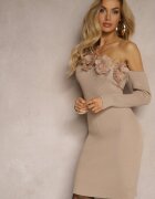elsa.m by may Rochie Asimetrică Bej Reiată cu Vâscoză Decorată cu Pene și Flori 3D Neldari