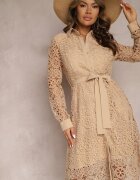 elsa.m by may Rochie Bej A-line Midi Decorată cu dantelă cu curea în talie Sailla
