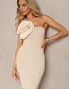 elsa.m by may Rochie Bej Bodycon cu un top asimetric decorat cu o aplicație mare Floare Pielina