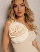 elsa.m by may Rochie Bej Bodycon cu un top asimetric decorat cu o aplicație mare Floare Pielina