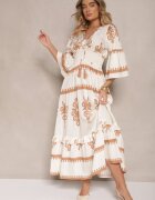 elsa.m by may Rochie Bej Boho din viscoză cu bandă elastică lată în talie cu model etnic Efalios