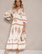 elsa.m by may Rochie Bej Boho din viscoză cu bandă elastică lată în talie cu model etnic Efalios