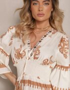 elsa.m by may Rochie Bej Boho din viscoză cu bandă elastică lată în talie cu model etnic Efalios