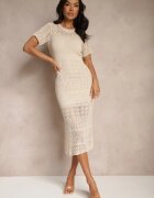elsa.m by may Rochie Bej Cambrată din Viscoză cu Model Ajurat Anelvia