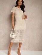elsa.m by may Rochie Bej Cambrată din Viscoză cu Model Ajurat Anelvia