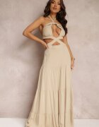 elsa.m by may Rochie Bej Cloș din Viscoză cu Legătură și Decupaje Kailen