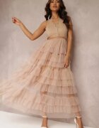 elsa.m by may Rochie Bej Coctail cu top din dantelă și fustă evazată din tiul Venisa