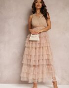 elsa.m by may Rochie Bej Coctail cu top din dantelă și fustă evazată din tiul Venisa