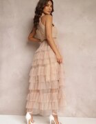 elsa.m by may Rochie Bej Coctail cu top din dantelă și fustă evazată din tiul Venisa