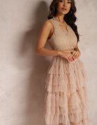 elsa.m by may Rochie Bej Coctail cu top din dantelă și fustă evazată din tiul Venisa