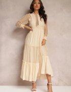 elsa.m by may Rochie Bej cu Mânecă Bufantă Decorată cu Inserații de Tul Laluna