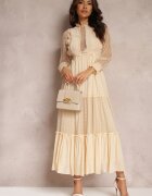 elsa.m by may Rochie Bej cu Mânecă Bufantă Decorată cu Inserații de Tul Laluna