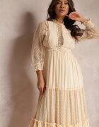 elsa.m by may Rochie Bej cu Mânecă Bufantă Decorată cu Inserații de Tul Laluna
