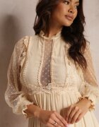 elsa.m by may Rochie Bej cu Mânecă Bufantă Decorată cu Inserații de Tul Laluna