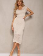 elsa.m by may Rochie Bej deschis cu mânecă scurtă cu finisaj ajurat cu jupă Werana