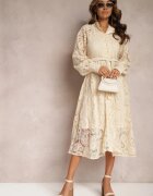 elsa.m by may Rochie Bej Deschis Din Dantelă Midi cu Legătură Decorativă Camaela