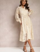 elsa.m by may Rochie Bej Deschis Din Dantelă Midi cu Legătură Decorativă Camaela