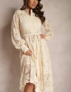 elsa.m by may Rochie Bej Deschis Din Dantelă Midi cu Legătură Decorativă Camaela