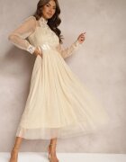elsa.m by may Rochie Bej deschis Din plasă Maxi Cu croi evazat Cu dantelă decorativă Narile