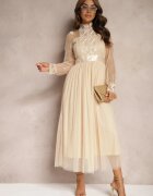 elsa.m by may Rochie Bej deschis Din plasă Maxi Cu croi evazat Cu dantelă decorativă Narile