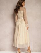 elsa.m by may Rochie Bej deschis Din plasă Maxi Cu croi evazat Cu dantelă decorativă Narile