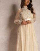 elsa.m by may Rochie Bej deschis Din plasă Maxi Cu croi evazat Cu dantelă decorativă Narile