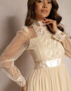 elsa.m by may Rochie Bej deschis Din plasă Maxi Cu croi evazat Cu dantelă decorativă Narile