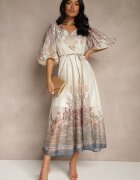 elsa.m by may Rochie Bej deschis Evazată din Viscoză cu cordon și Model Ornamental Redanira