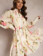 elsa.m by may Rochie bej deschis plisată midi cu imprimeu floral cu centură și nasturi Jazai