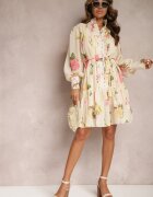 elsa.m by may Rochie bej deschis plisată midi cu imprimeu floral cu centură și nasturi Jazai
